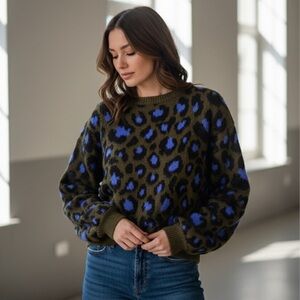 Ecoté fuzzy Leopard print blue brown bell sleeve sweater Large